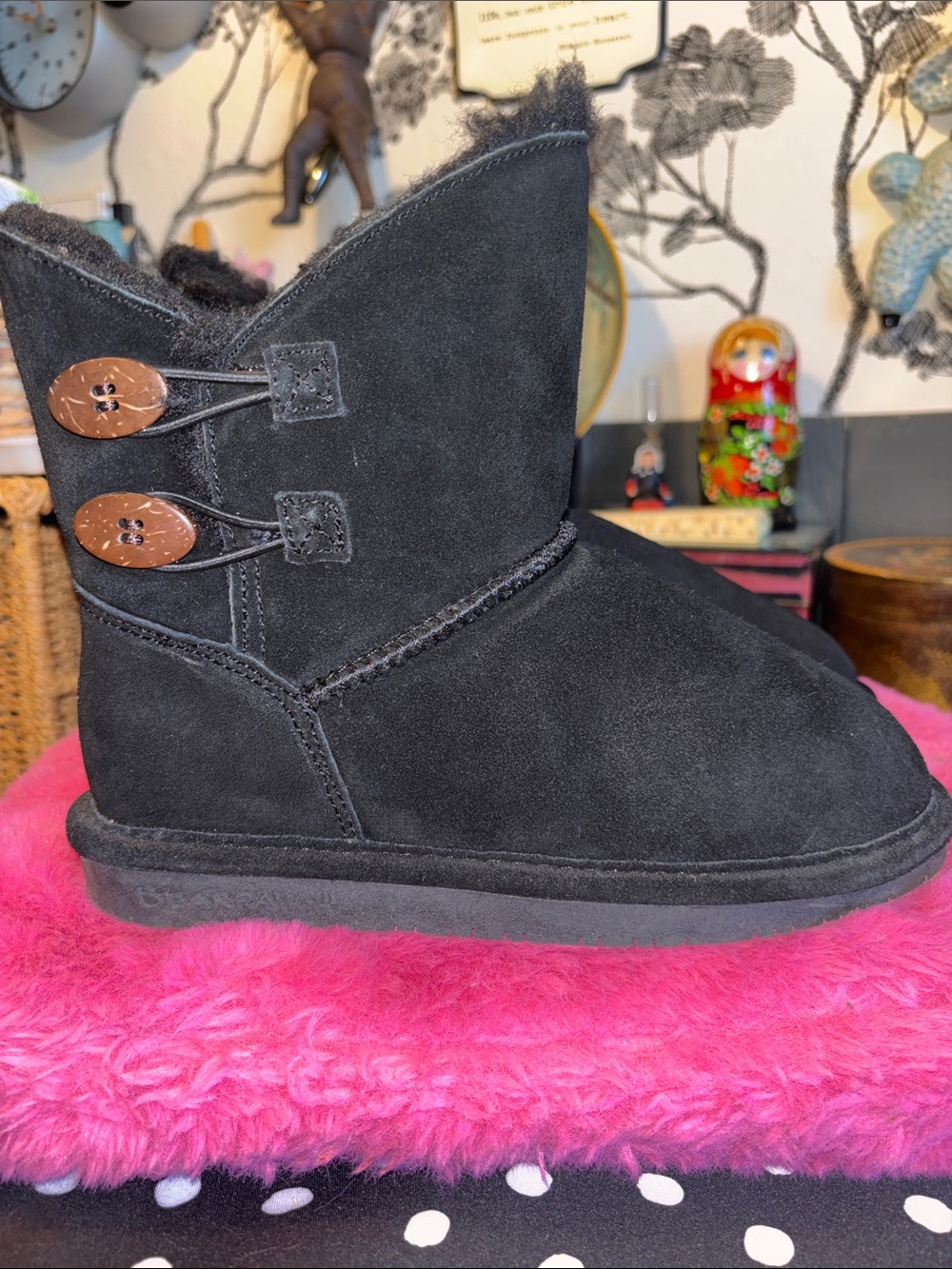 NWOT black Bearpaw Rosaline or Rosy suede boots featuring button and togg